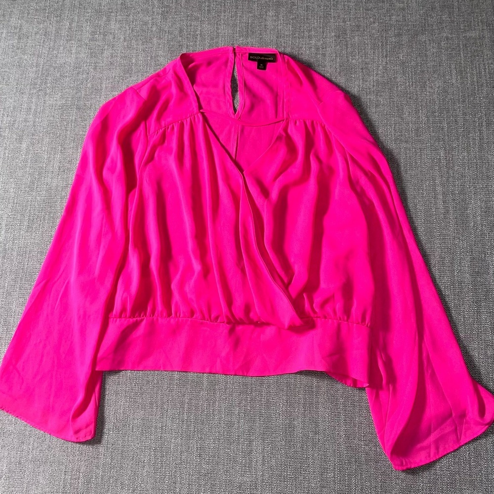 Bold Elements Blouse Top Womens XL Pink Pleated Plunge V Neck Keyhole Back